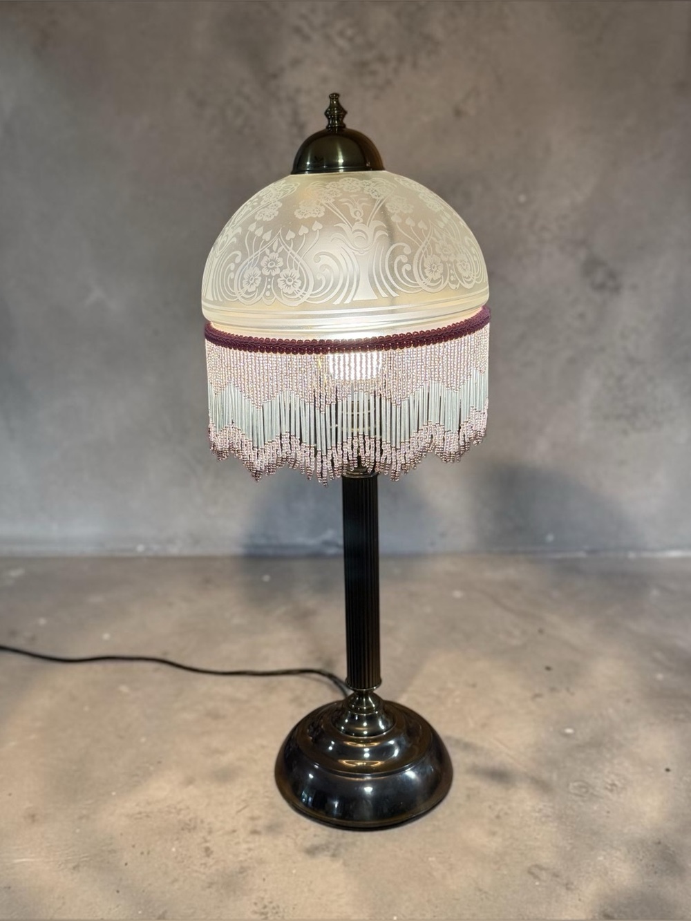 Vtg Victorian Beaded Fringe Table Lamp with Frosted Glass Embossed Dome